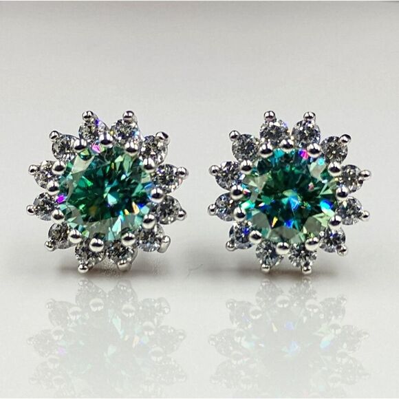 Jewelry - Beautiful Certified 2CT Moissanite Sunflower Luxury Blue Green Stud Earrings